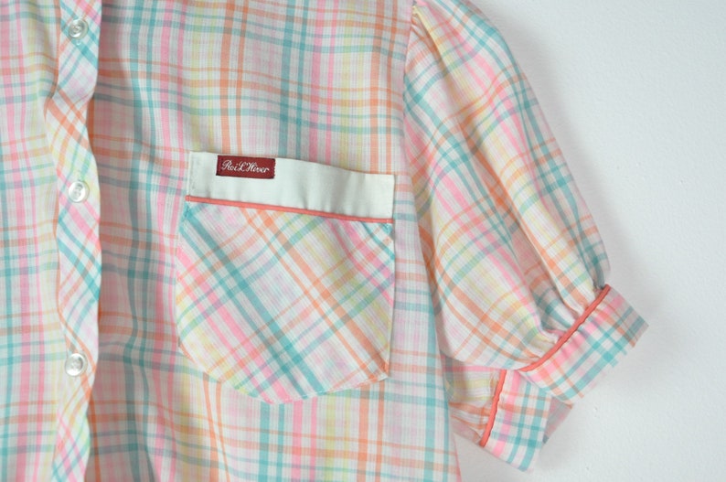 Vintage Pastel Plaid Top Small 80s Lolita Shirt Femme Plaid Patterned Shirt Pastel Plaid Button Down 80s Outfit image 5