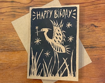 Folk Art Heron Birthday Card – Handmade Linocut Style Kraft Card