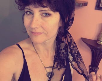 Black Lace Head Scarf: Lightweight Embroidered Mesh Triangle Hair Wrap