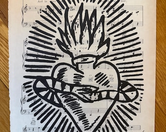 Sacred Heart Snake Print on Antique Music Paper, Dark Goth Art (9x12)