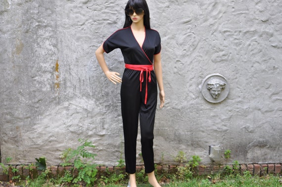 70s Black Red Jumpsuit XS