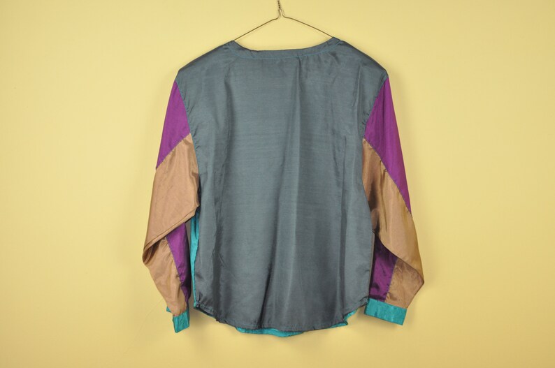 Medium Shiny 80s Shirt 80s Color Block Blouse 80s Bat Wing Sleeves Vintage Color Block Top 90s Satin Blouse