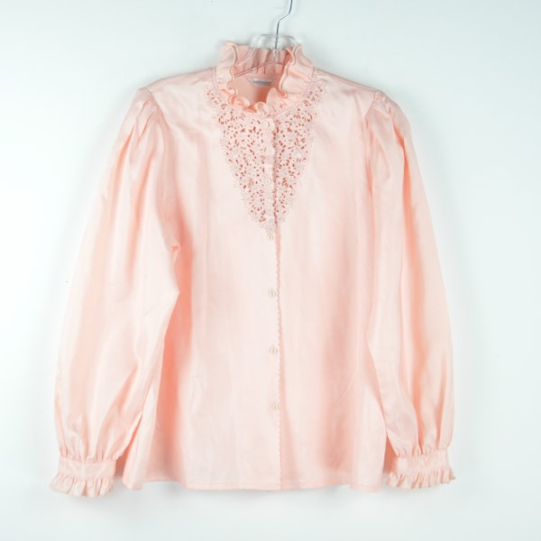 80s Pink Lace Bib Blouse - Medium | Pink Frilly Top | Cottage Core Pink Embroidered Blouse Prairie Blouse Victorian Ruffle French Blouse