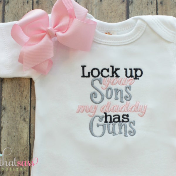 Girls Bodysuit or Shirt with Bow - Baby Shower Gifts - Kids - Creeper - Military - Police - Daddy - Guns - Hunting - Army - Navy - Marines