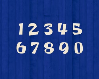 May include: A set of off-white numerical digits from 1 to 0 arranged in two rows against a vertical blue wooden plank background. The numbers feature a bold, stylized font with rounded edges and a distinct, slightly uneven hand-drawn appearance.