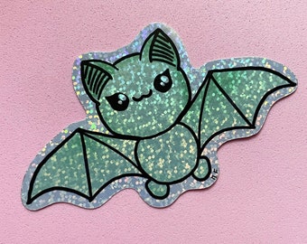 Pegatina de vinilo holográfica con brillos pastel góticos de murciélago verde kawaii