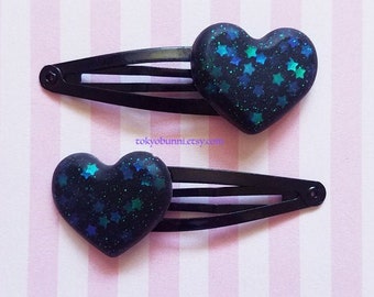 Black Heart Hair Clips Glitter Star