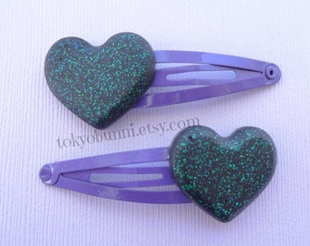 Matte Black Glitter Heart Hair Clips