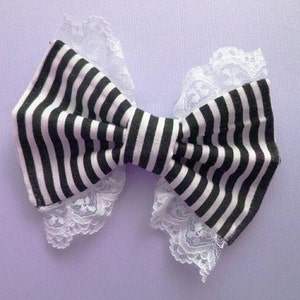 Striped Black and White White Lace Hair Bow