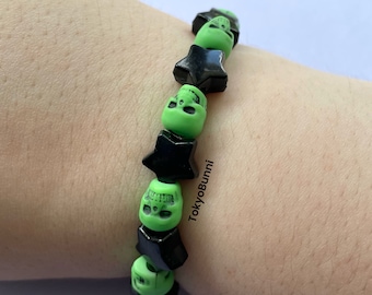 Green Skull Black Star Punk Pastel Goth Beaded Bracelet