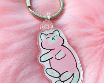 Pink Cat Keychain Kawaii Sleepy Kitten Art Acrylic Charm Accessory
