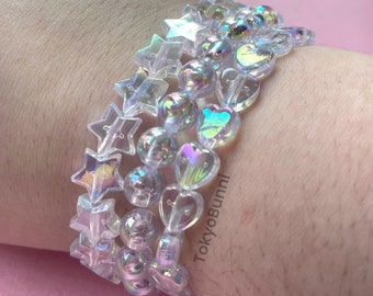 Irridesent Rainbow Beaded Hearts Stars Round Kawaii Fairy Kei Bracelet