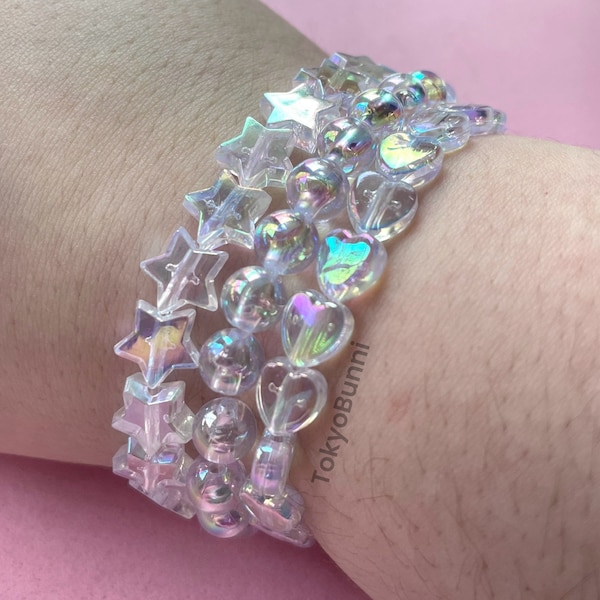 Irridesent Rainbow Beaded Hearts Stars Round Kawaii Fairy Kei Bracelet
