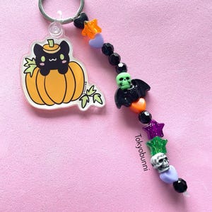 Bijou de sac en perles pour sac à main Citrouille d'Halloween et chat noir - gothique pastel-gothique kawaii
