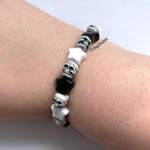 White Skull Black Star Punk Pastel Goth Beaded Bracelet