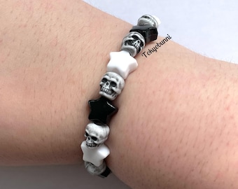 White Skull Black Star Punk Pastel Goth Beaded Bracelet