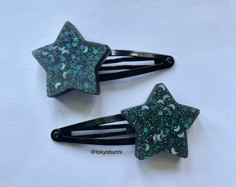 Black Stars and Moon Glitter Hair Clips
