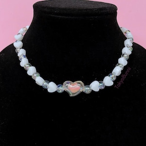 Hearts White Pink Irridesent Beaded Fairy Kei Pastel Goth Necklace