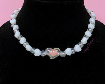 Hearts White Pink Irridesent Beaded Fairy Kei Pastel Goth Necklace