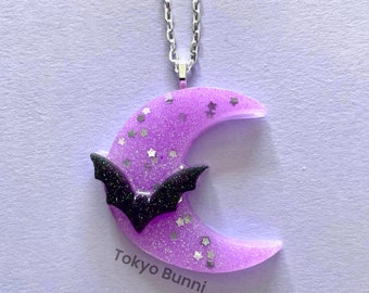 Purple Black Bat Moon Goth Necklace