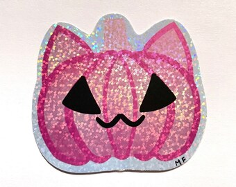Pegatina de vinilo holográfica con diseño de gato y calabaza de Halloween con brillos pastel góticos
