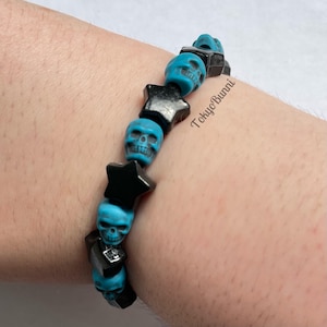 Teal Blue Skull Black Star Punk Pastel Goth Beaded Bracelet