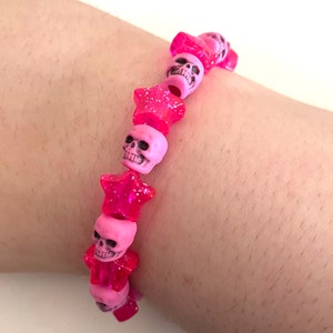 Pink Skull Star Glitter Punk Pastel Goth Beaded Bracelet