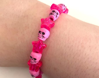Pink Skull Star Glitter Punk Pastel Goth Beaded Bracelet
