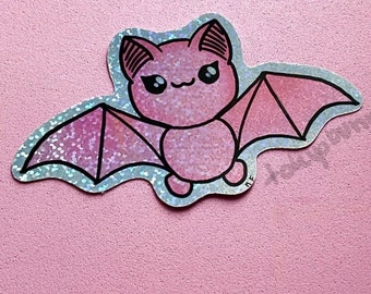 Pegatina de vinilo holográfica con brillos pastel góticos de murciélago rosa kawaii