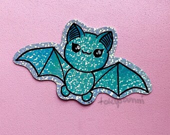 Pegatina de vinilo holográfica con destellos pastel góticos de murciélago azul kawaii