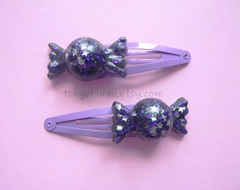 Candy Hair Clips Black Purple Glitter