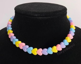Hearts Rainbow Beaded Fairy Kei Pastel Goth Necklace