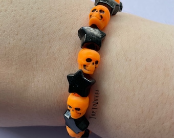 Orange Skull Black Star Punk Pastel Goth Beaded Bracelet