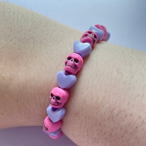 Pastel Goth Skull Hearts Beaded Pink Purple Bracelet