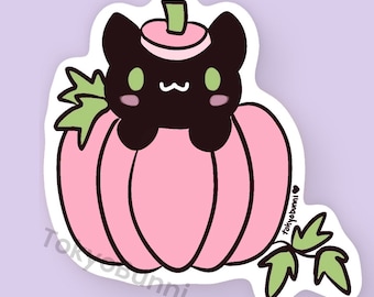Black Cat Pumpkin Pink Kawaii Vinyl Sticker