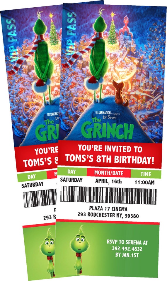 Grinch Movie Ticket Themed Birthday Party Invitation. School Etsy