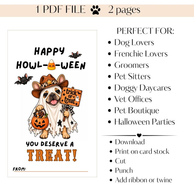 French Bulldog Halloween Dog Treat Tags, Printable Pet Gift Tags, Trick ...