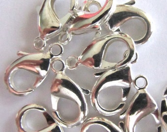 25 Brass Lobster Claw Clasps, Silver, 18x10x4mm, Hole: 2mm