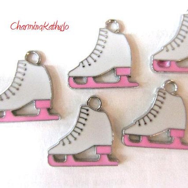 Set of 5 Enamel White and Pink FIGURE ICE SKATE Charm Pendant