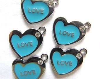 5 pcs Enamel Blue  LOVE HEART Charm Pendants