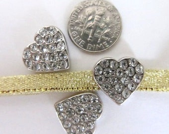 2 Pieces RHINESTONE HEART Slide Charm 9mm long and 1.5mm wide