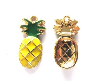 5 Pieces Yellow Enamel and gold tone PINEAPPLE Charm Pendants