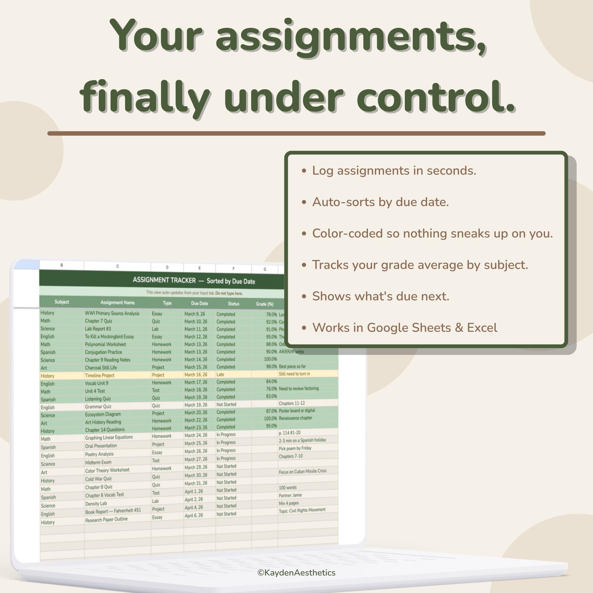 Assignment Tracker Spreadsheet — Google Sheets and Excel — Student ...