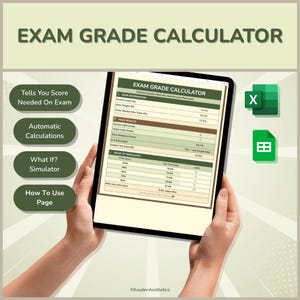 Puede incluir: Una tableta muestra una "Calculadora de notas de examen" con opciones para el cálculo de notas, funciones automáticas y un simulador "¿Qué pasaría si?". La interfaz se asemeja a una hoja de cálculo. Paleta de colores verde y blanco.