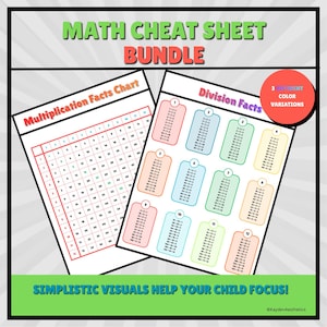 May include: A bundle of math cheat sheets with multiplication and division facts charts. The charts have a white background with colorful text and borders. The text "MATH CHEAT SHEET BUNDLE" is at the top. The text "SIMPLISTIC VISUALS HELP YOUR CHILD FOCUS!" is at the bottom.