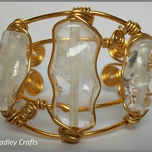 Quartz Crystal Cuff Bracelet, Statement Open Ended Cuff Bracelet with Three Wire Wrapped Quartz Crystals