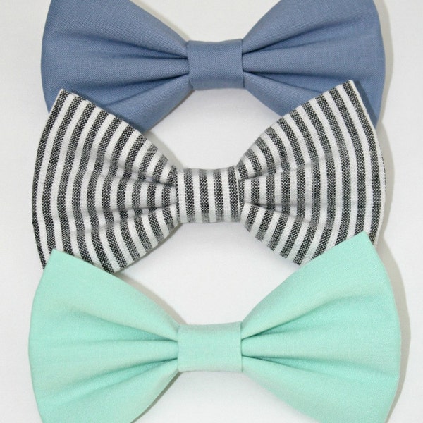 The Blues Hair Bow Set or Bow Tie Set - Mint Green, Chambray and Blue Striped Bows - 3 Bow Set