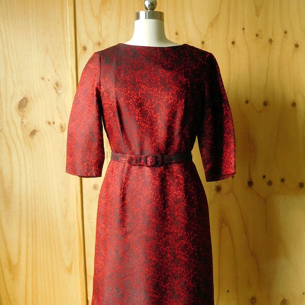 Red and Black Brocade Mid Century Cocktail Dress Oriental Size Medium