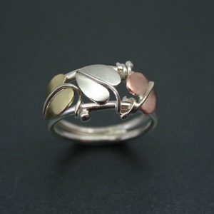 Sterling silver,copper and brass leaf ring, mixed metal hand made ring, valentine ring, silver leaf ring, unique ring, hand made in Cornwall