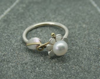 Sterling silver and pearl ring, daisy and pearl ring,art nouveau ring, silver flower and pearl ring, single pearl ring,hand made in Cornwall